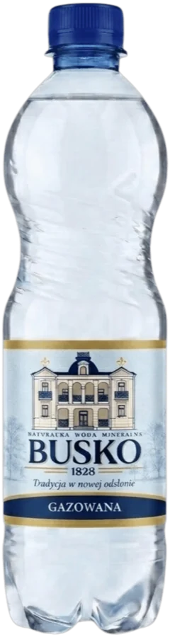 Flasche Busko1828 gazowana, 0,5 l, mit dem Etikett in Blau
