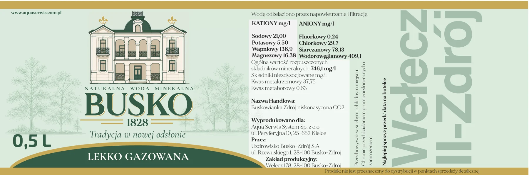 Druckfertige Etikettenkunst für Busko1828, lekko gazowana, mit Mineralientabelle und Pflichtangaben